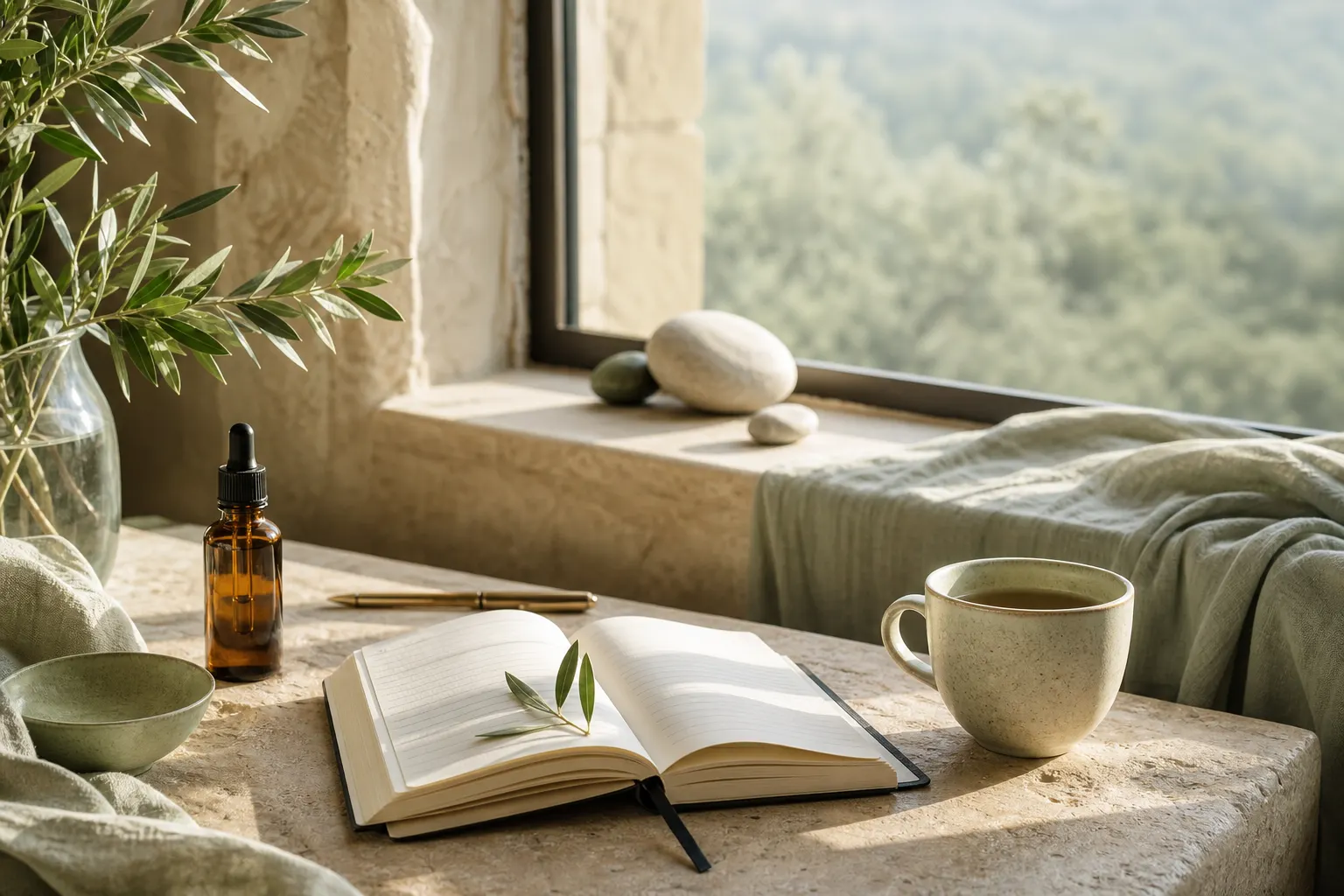 Get Well Experts creative wellness ritual — oil, journal, and tea in soft morning light