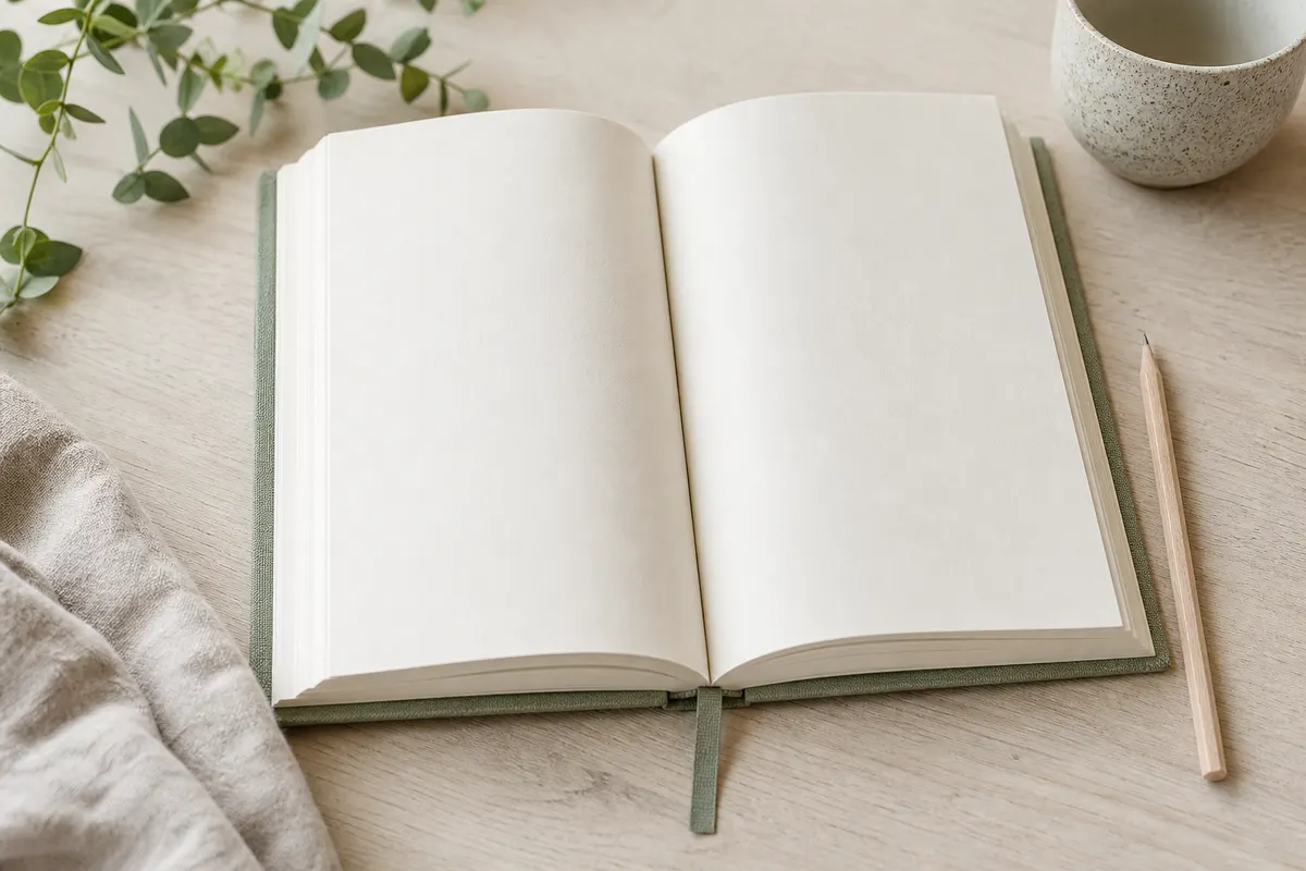 Open wellness journal with soft linen cover and pencil