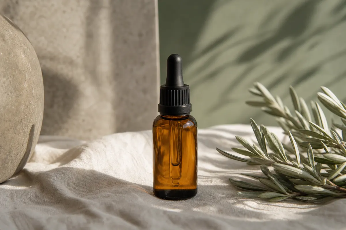 Amber ritual oil bottle on a stone surface in soft morning light