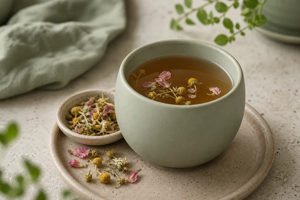Ceramic cup of herbal wellness tea with dried botanicals