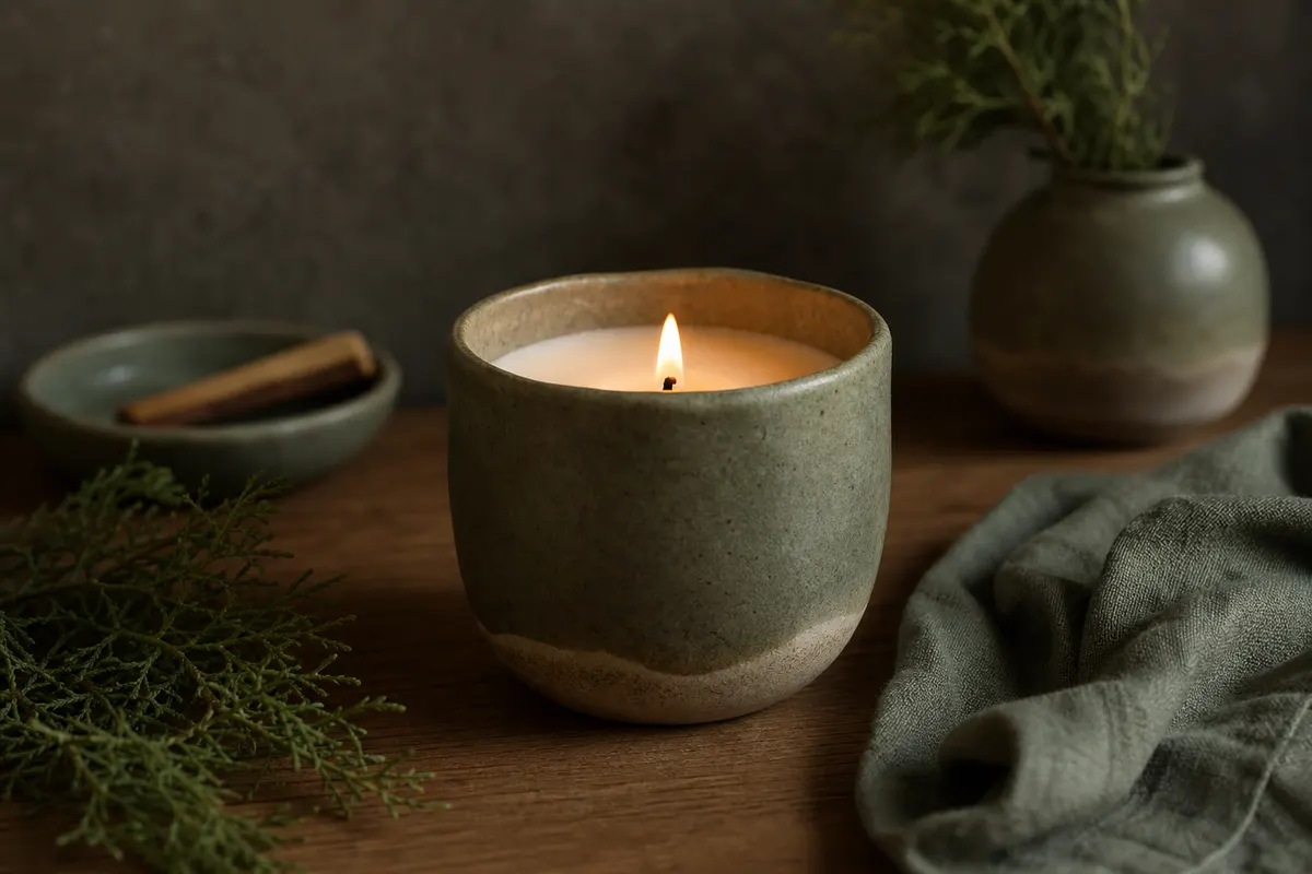 Ceramic wellness candle glowing in a quiet evening setting